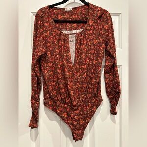 Free People Long Sleeve Bodysuit - Red and Brown